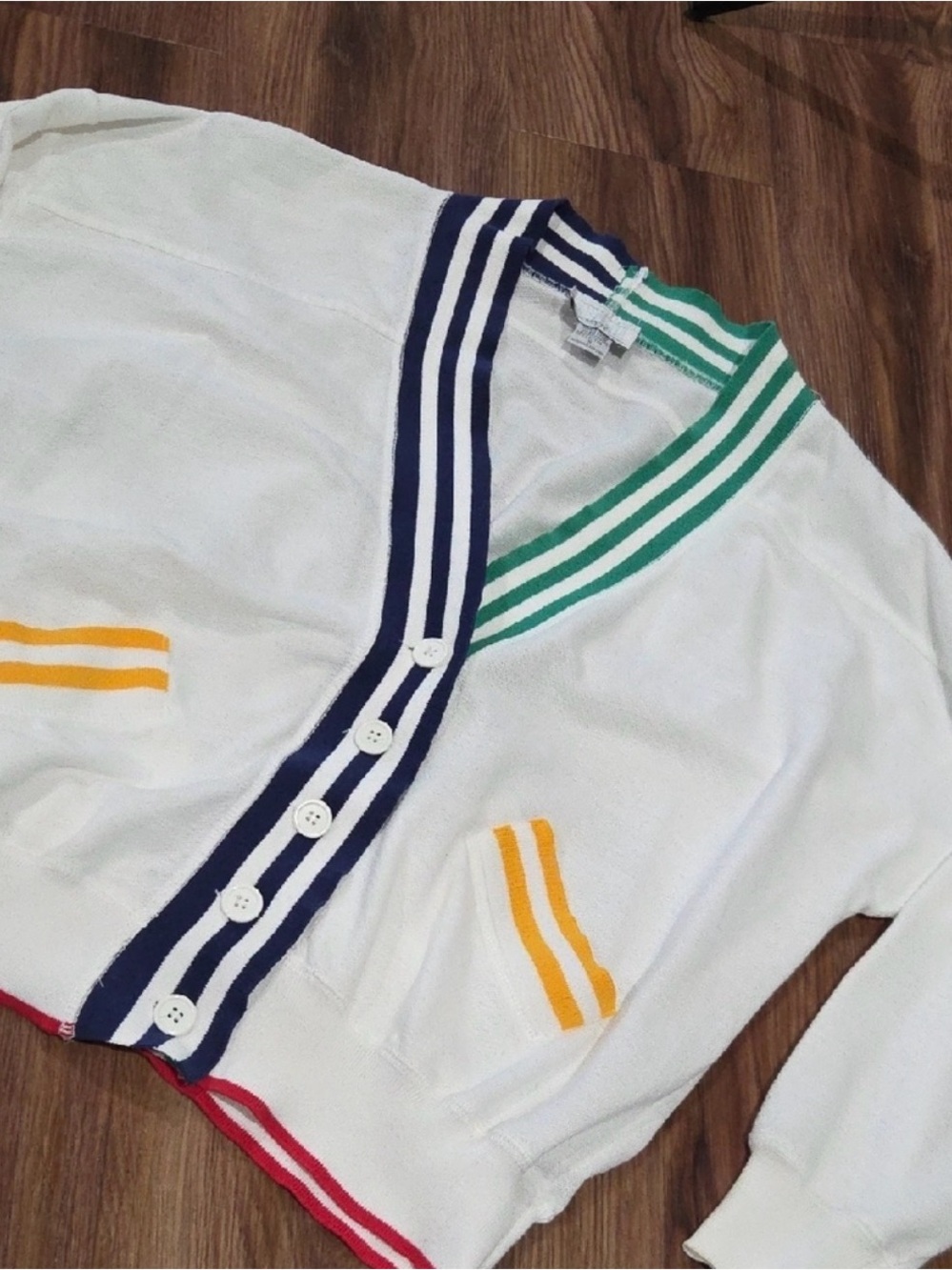 Tarazzia Sport Vintage White V-Neck Button Cardigan Multicolor Stripe Trim